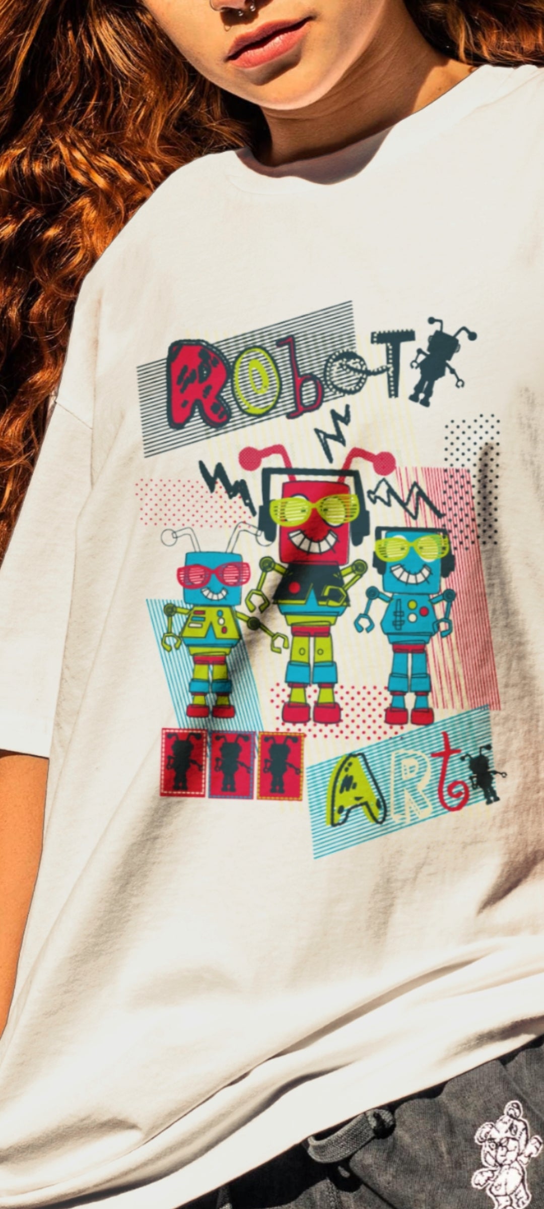 Robot Oversized DTF Printed T Shirt Women's