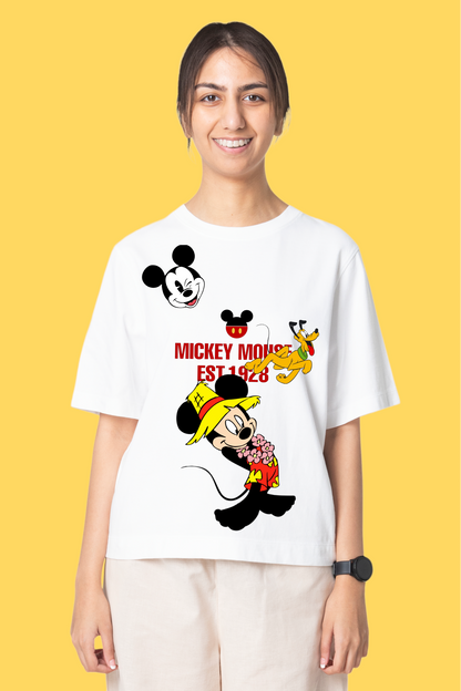 Mickey Printed White Oversized Women's T shirt