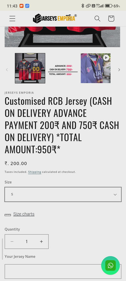 COD Customised RCB  Jersey (CASH ON DELIVERY ADVANCE PAYMENT 200₹ AND 750₹ CASH ON DELIVERY)                    *TOTAL AMOUNT:950₹*